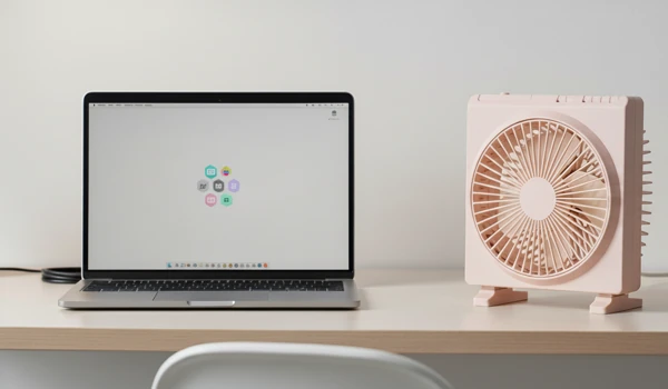 pink USB desktop fan beside open laptop