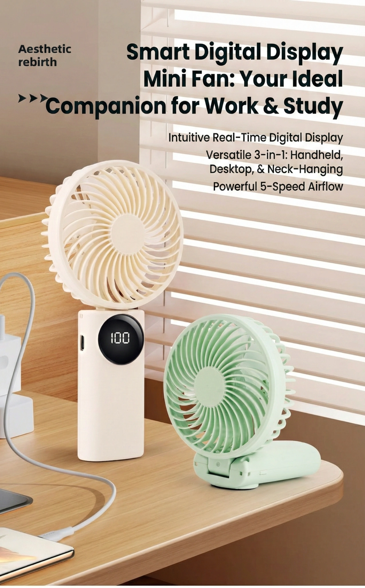 8831 handheld and desktop fans on desk