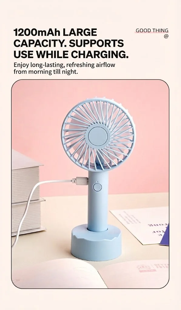 Blue mini fan charging on desk