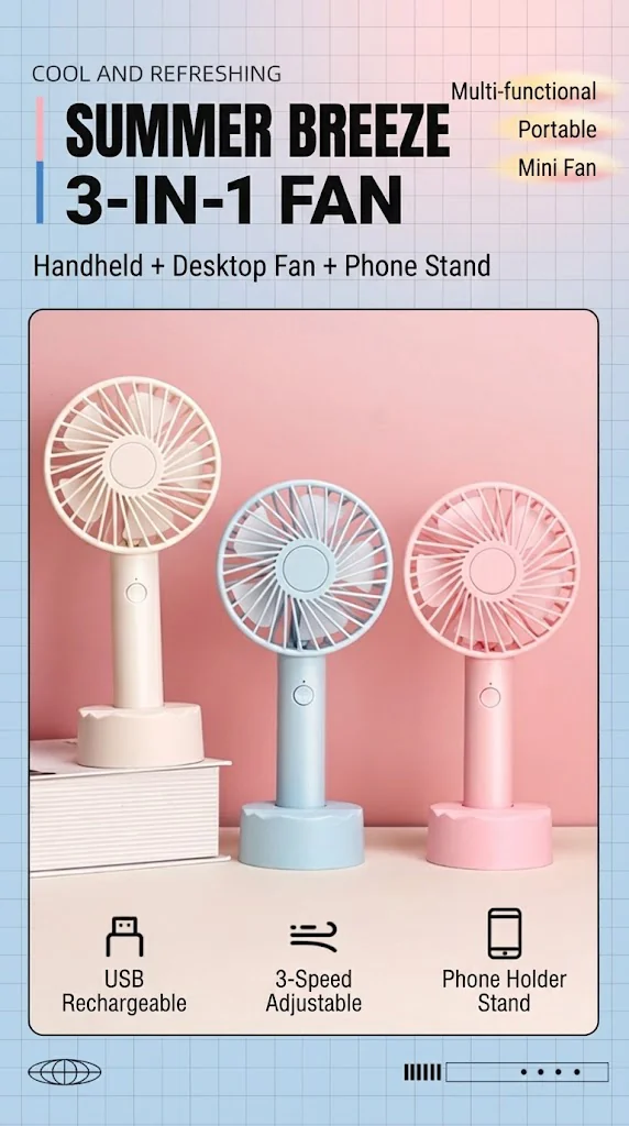 Three handheld mini fans with bases