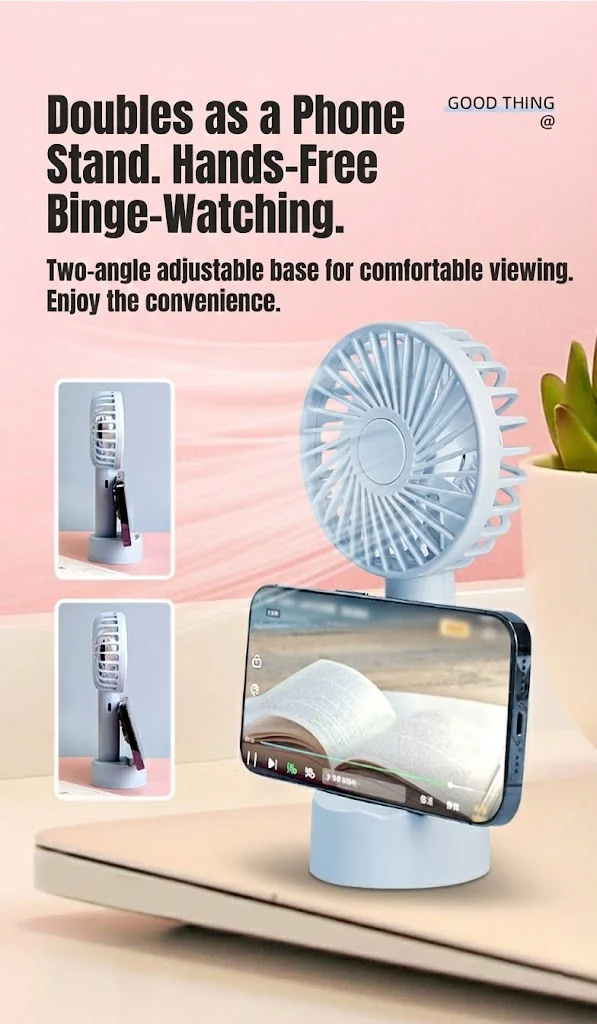 Blue mini fan holding a phone