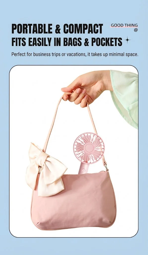 Pink mini fan on handbag strap