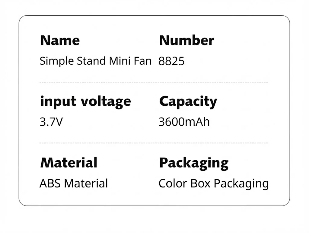 8825 specification summary table